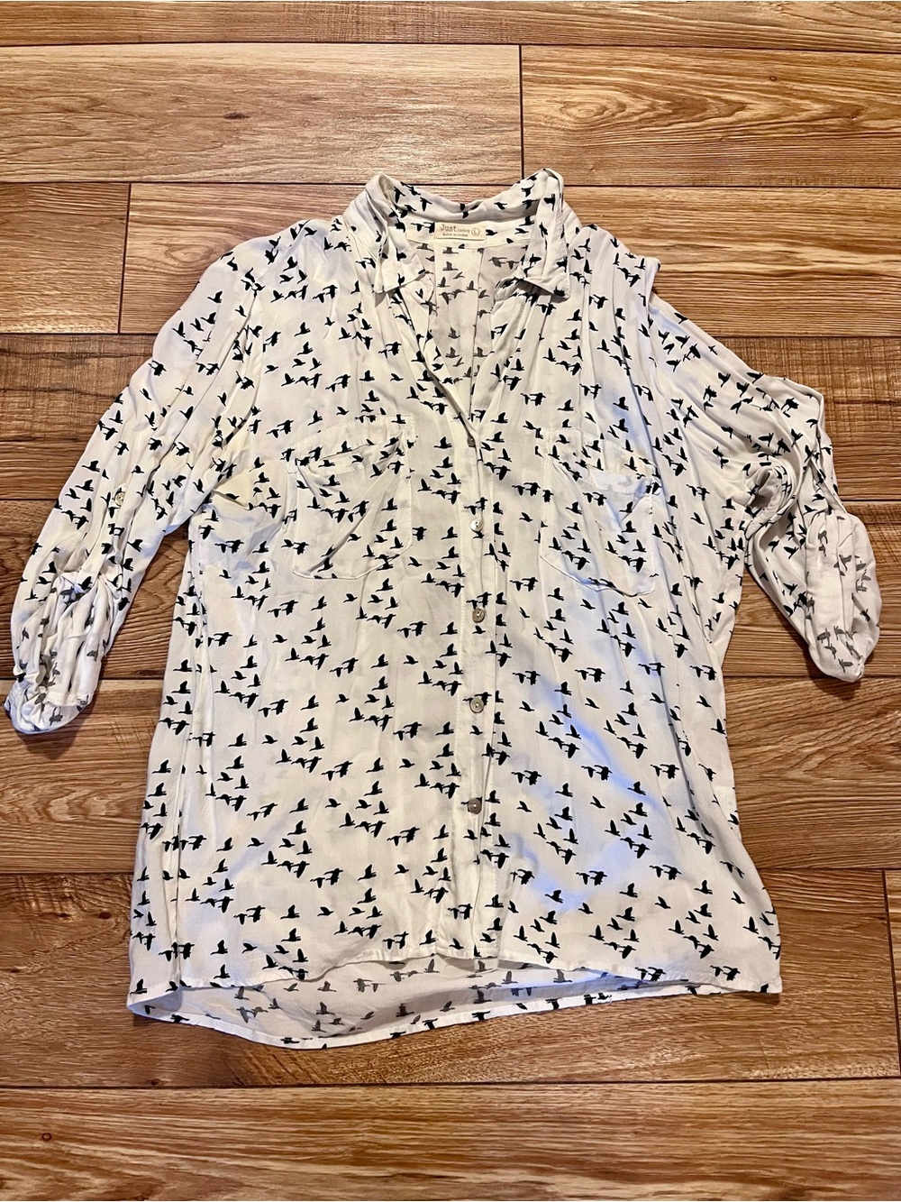 Just Living White Button-Down Shirt with Bird Print